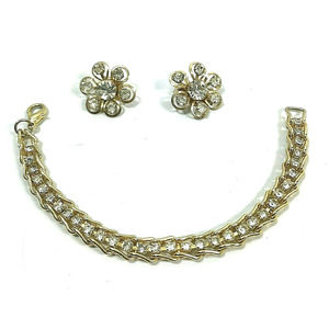 Womens Earring & Bracelet Set Clip On Clear Rhinestones‎ Gift Evening Party